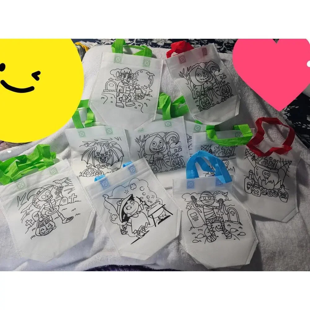 (14 pc) New Halloween Painting Tote Bags Coloring With Handle Candy Small 9.5